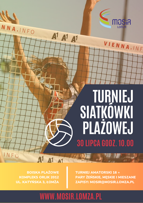 plakat zachęcający do udziału w turnieju siatkówki plażowej, zdjęcie kobiety grającej w siatkówkę